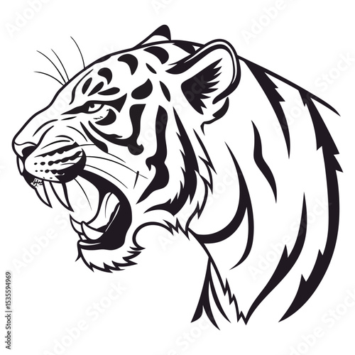 Fierce roaring tiger head illustration in bold black and white vector design