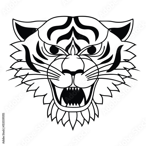 Fierce tiger head illustration in bold black and white outline suitable for various design projects