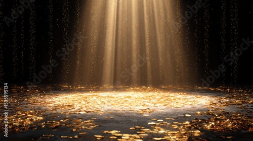 Premium photo of golden confetti rain on festive stage with light beam in the middle, empty room at night mockup with copy space for award ceremony, jubilee, New Year's party.
