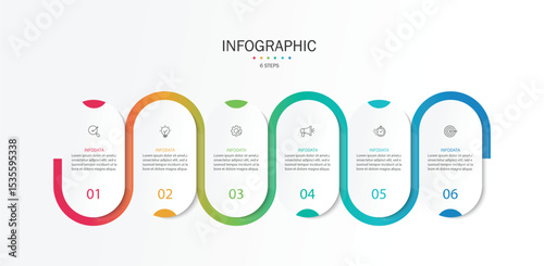 Infographic line curve. Timeline 6 Key Points. Business Presentation , Report, Marketing, Timeline and Planning. Vector Illustration.
