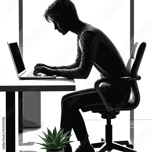 Silhouette of young person working on laptop at desk, minimalist design with chair and plant in home office, modern workspace, concentration, freelancer lifestyle, digital work environment,