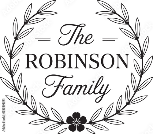 Custom Initial Monogram with Floral Circle Design Minimalist Family Letter Monogram with Leaf Wreath, Elegant Family Monogram with Floral Wreath Design, Personalized Family Monogram in Black and White