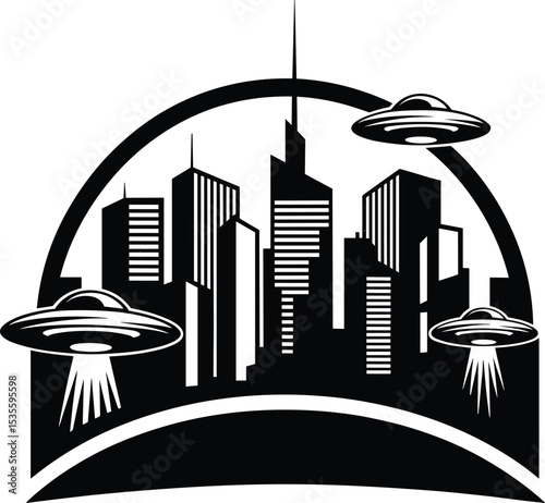 Futuristic city skyline with flying UFOs, black and white silhouette, alien invasion concept, urban skyline, UFO spacecraft, night cityscape, modern architecture, sci-fi scene, retro design