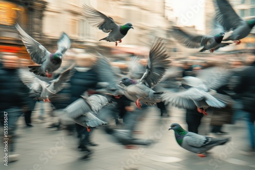 Pigeons flying over a crowded city street