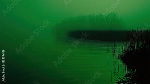 Misty Enchanted Lake Surrounded by Fog and Lush Green Tones at Dusk Creating a Dreamlike Atmosphere