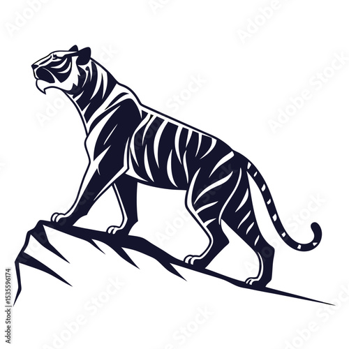 Majestic tiger silhouette standing on a rock isolated on a clean white background