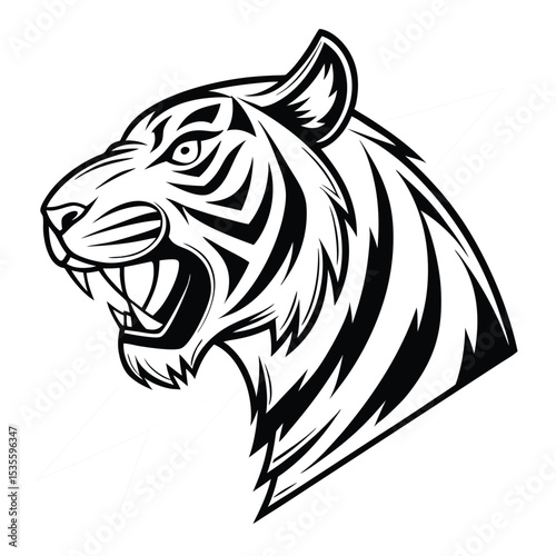 Powerful black and white illustration of a roaring tiger head in aggressive profile