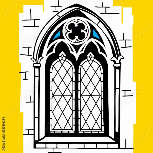 Gothic Arch Window Drawing, Black and White, Medieval Style