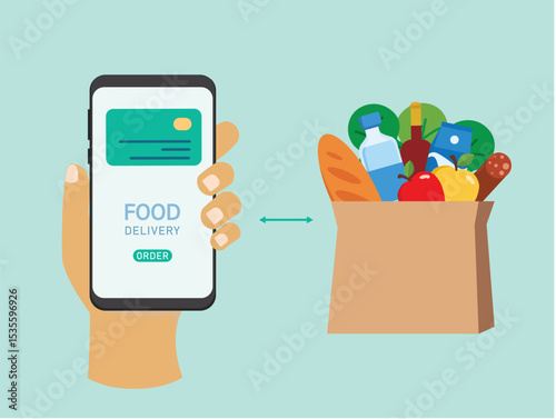Hand holding smartphone buying grocery products online