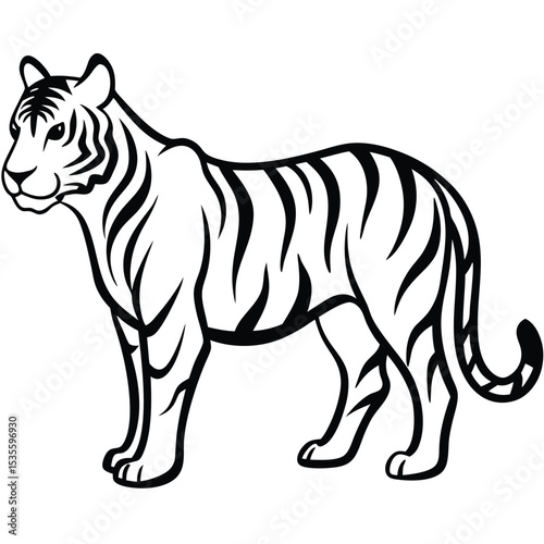 Powerful illustration of a detailed standing tiger depicting strength and wildness in black and white
