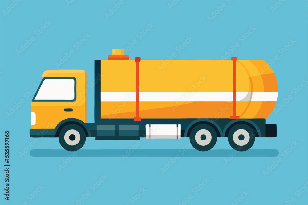 Flat design illustration of a yellow fuel tanker truck on a blue background Flat design illustration of a yellow fuel tanker truck on a blue background