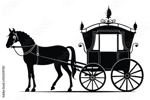 Elegant silhouette illustration of a horse drawn carriage in black and white style