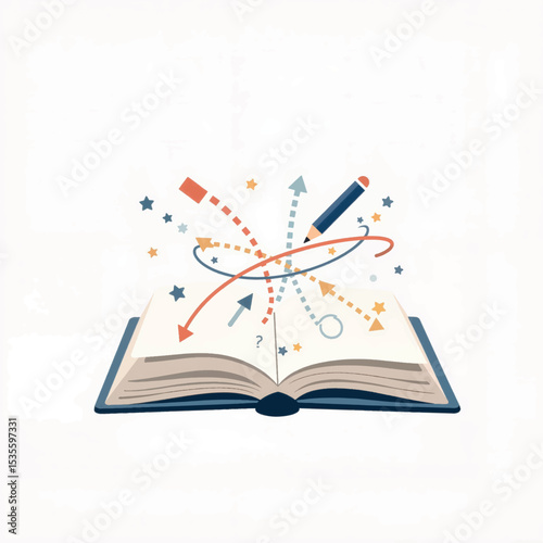 Creative ideas flowing from open book with symbols, spark of inspiration