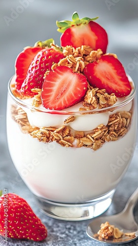 yogurt topped with fresh strawberries and granola, shallow depth of field