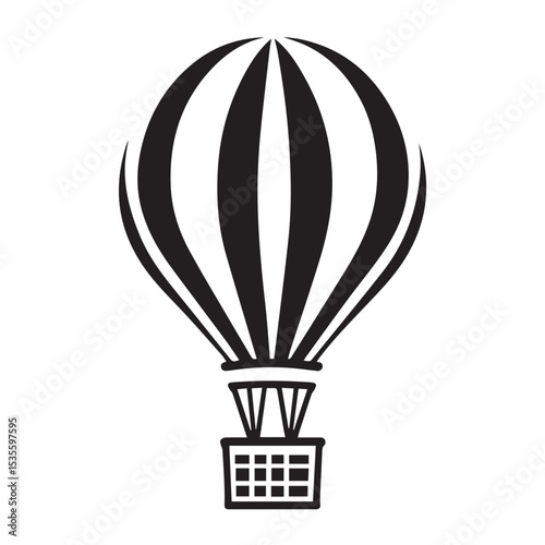 Striking Hot Air Balloon Illustration with Vertical Stripes and a Woven Basket in Silhouette simple yet