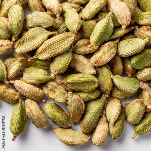 Pile of aromatic green cardamom pods on white background in macro overhead food composition