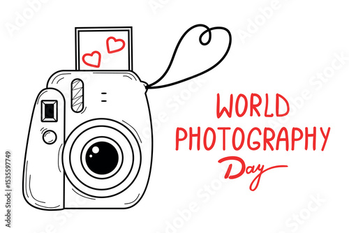 World photography day celebration banner. Outline instant camera vector illustration with text