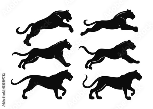 Set of black panther silhouettes in various poses on white background for design