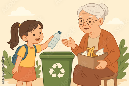 Grandma teaches granddaughter to recycle. Girl puts plastic bottle in bin. Concept of environmental education, waste sorting, ecology, sustainability, and intergenerational learning.