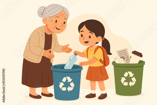 Grandmother teaching granddaughter about recycling. Senior woman and child sorting plastic waste into a bin. Environmental education, sustainability and eco-friendly lifestyle concept.