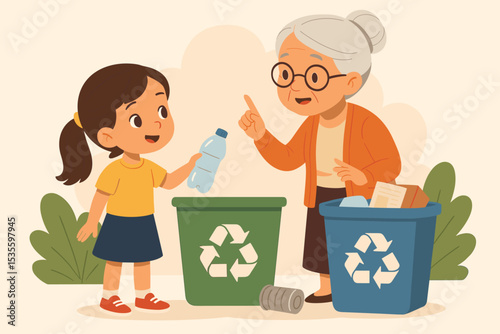 Grandmother teaches granddaughter to recycle. Cute girl putting plastic bottle into sorting bin. Environmental education for kids, waste management, family, and sustainability concept.