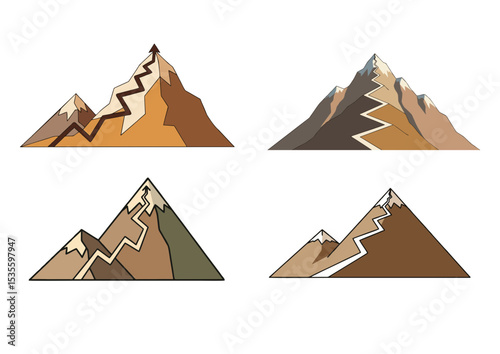 Mountain with zigzag path leading upward, symbolizing perseverance and steady ascent in earthy tones and clean lines on transparent background