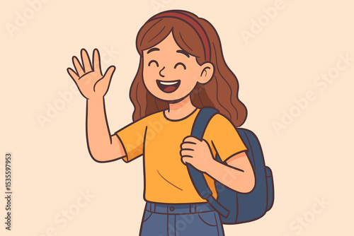 Happy school girl student with backpack waving hand. Cute cartoon character saying hello or goodbye. Back to school concept vector illustration. Friendly child greeting someone.