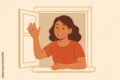 Happy young woman waving hand from an open window. Friendly girl character smiling and greeting a neighbor. Welcome or goodbye concept. Flat design vector character illustration.