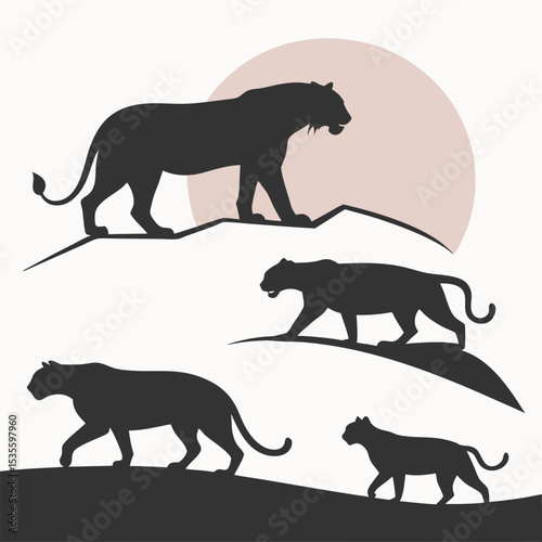 Silhouette artwork depicting tigers in a minimalist landscape under a soft evening sun