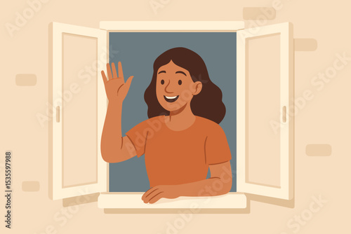 Happy woman waving hand from an open window, greeting her neighbor with a smile. Cheerful girl saying hello. Concept of welcome, community, social connection and staying home.