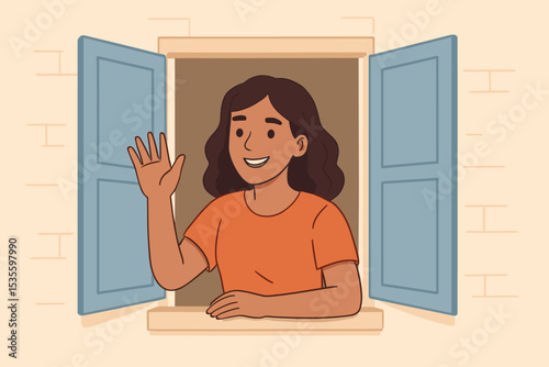 Young friendly woman waving hand from open house window with blue shutters. Happy smiling female character greeting neighbor. Concept of hello, goodbye, welcome, home, communication.