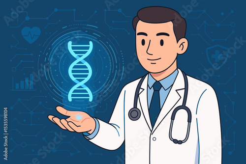 Futuristic healthcare concept with doctor holding a DNA hologram. Genetic engineering, biotechnology, and medical innovation. Science research, genomic medicine, gene therapy vector.