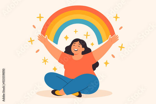Happy plus-size woman embracing a rainbow. Body positivity and self love concept. Joyful curvy girl smiling. Mental health, hope, and optimism vector illustration. Celebrating diversity.