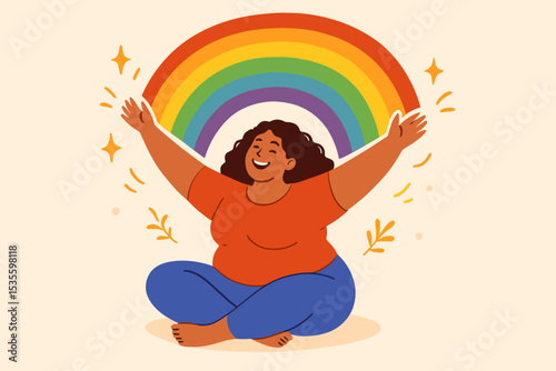 Plus size woman embracing a rainbow. LGBTQ pride month celebration concept. Body positivity, self love, happiness and freedom. Vector illustration for diversity and inclusion.