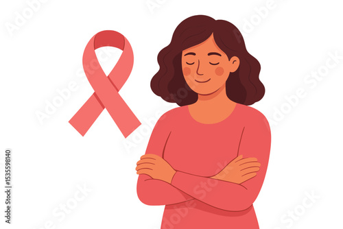Woman showing support for Breast Cancer Awareness Month. Pink ribbon symbol for solidarity, hope, and survival. Vector illustration for health care campaign and charity.