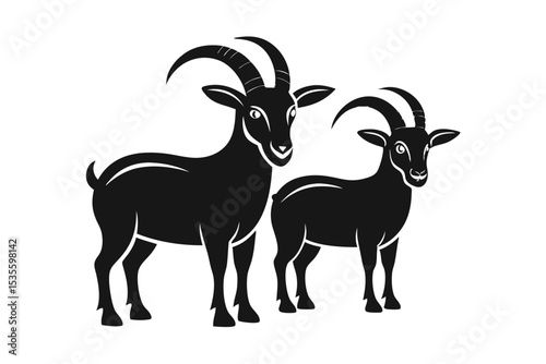 Silhouette illustration of two goats featuring horns standing together in vector format