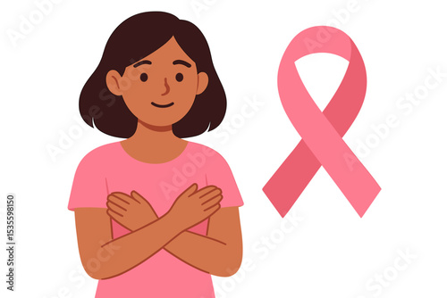 Breast Cancer Awareness Month in October. Woman with pink ribbon symbol showing support and solidarity. Health care campaign for prevention, charity, and hope. Vector illustration.