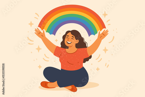 Happy plus size woman embraces rainbow. Self love and body positivity concept. Mental health and wellness illustration. Joyful character supporting LGBTQ pride, hope and freedom.