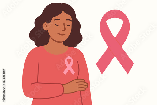 Hopeful woman with pink ribbon for Breast Cancer Awareness Month. Concept of support, solidarity, charity, and survival. Vector for women's health, medical campaign, and hope.