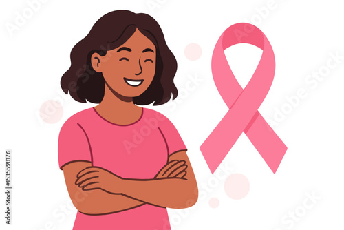 Breast Cancer Awareness Month vector concept. Strong smiling woman with arms crossed next to a pink ribbon. Symbol of hope, solidarity, support, and survival for a medical campaign.