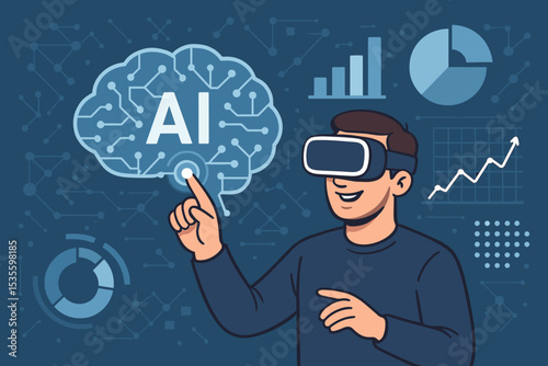 Man wearing VR headset interacting with AI in virtual reality. Concept of business data analysis, futuristic marketing, and metaverse technology. User interface with charts and graphs.