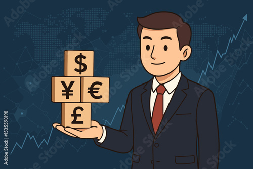Forex trading concept with a businessman holding currency symbols. Global investment and finance illustration with a world map and stock market growth graph. Dollar, euro, yen, pound.