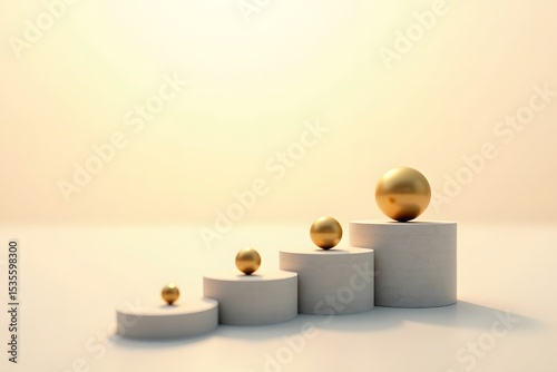 Golden Spheres Ascending on White Pedestals - Growth, Success, and Achievement Concept