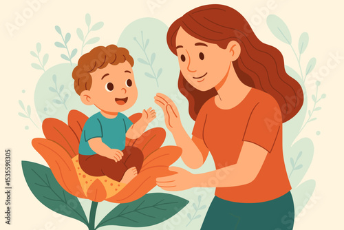 Loving mother caring for her son who is blossoming like a flower. Metaphor for growth, nurturing, and parenting. Vector illustration of family love, support, and happy childhood.
