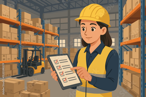 Female warehouse worker with tablet for inventory management. Logistics manager checking stock list on racks. Supply chain, distribution center, and cargo shipping concept with forklift.