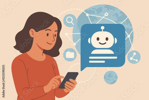 Woman chatting with AI chatbot on smartphone for customer support. Virtual assistant and online help service concept. Artificial intelligence technology for global communication.