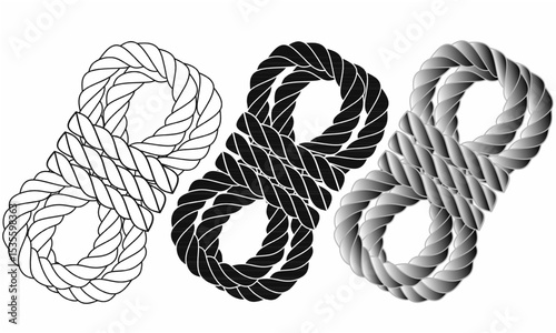 set of rope roll icons.outline, silhouette,solid black, and 3D gradient. Twisted coil design for nautical, construction, or survival themes. Perfect for logos, illustration design or symbol. 