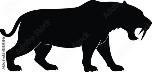 Silhouette depicting a saber toothed tiger walking against a white background