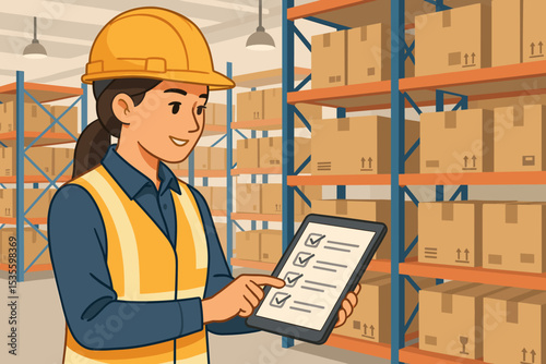 Warehouse worker woman using tablet for inventory control. Logistics manager inspecting stock on shelves with a digital checklist. Supply chain and order fulfillment concept.