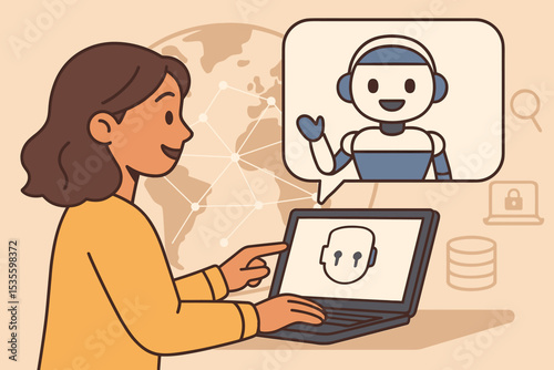 Artificial intelligence chatbot vector illustration. Woman on laptop communicating with a friendly robot assistant. Concept for online customer service, technical support, and AI help.